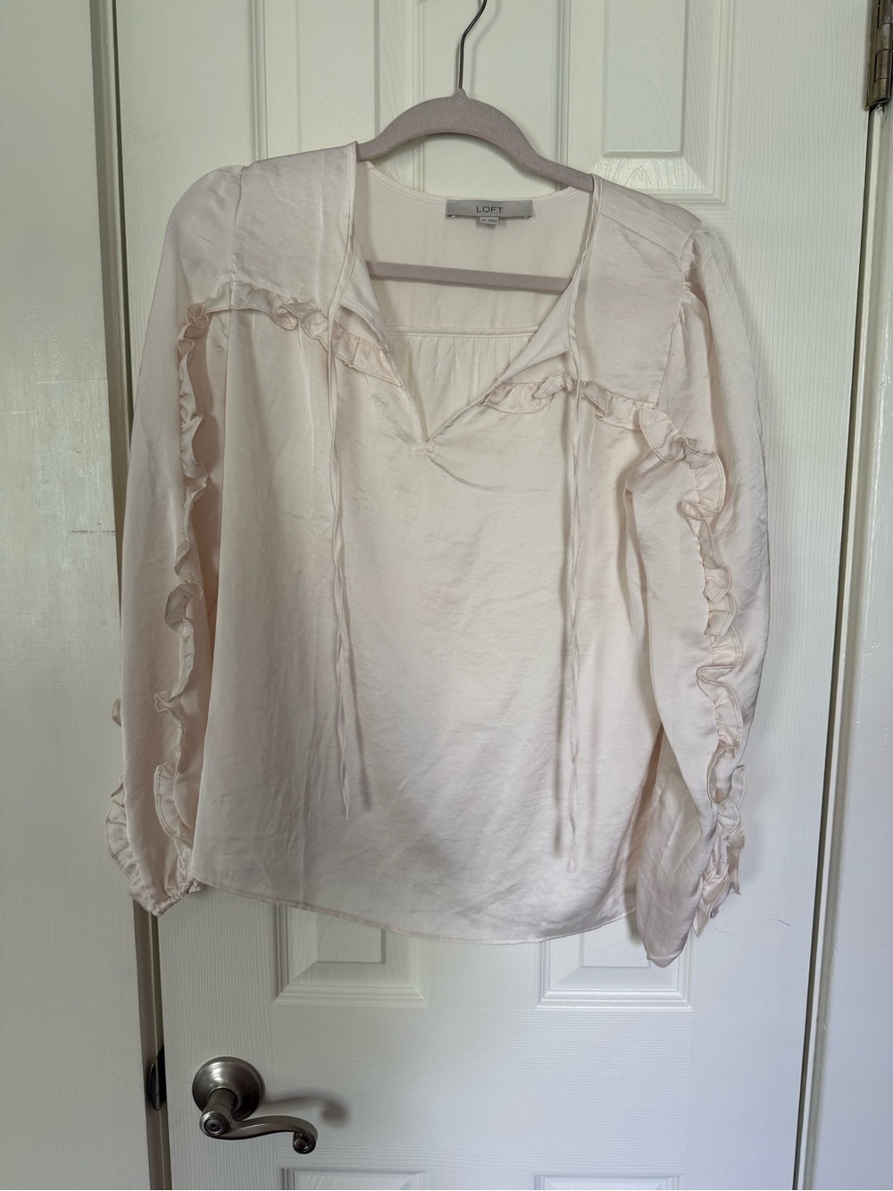 LOFT Light Cream Ruffle-Trim Long Sleeve Blouse